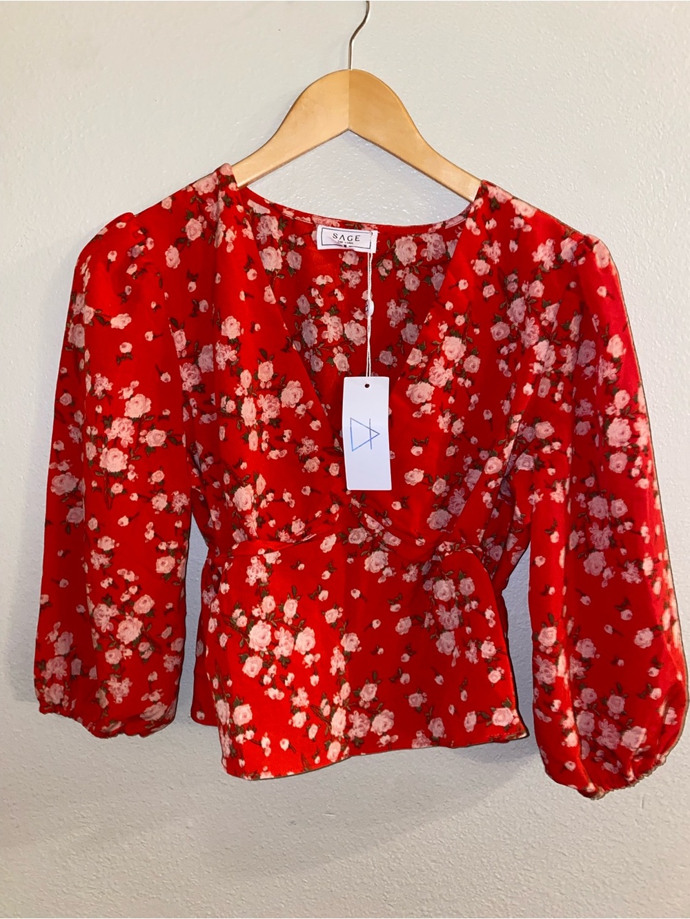 Sage Red Pink Floral Long Sleeve Wrap Top NWT M Boho